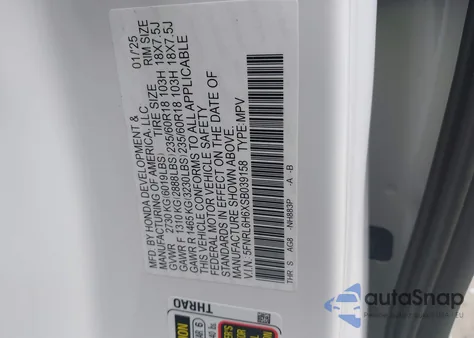 2025 Honda Odyssey Ex-L из США, поврежденный, VIN 5FNRL6H6XSB039158